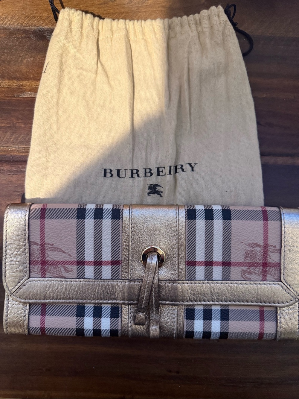 Burberry Metallic Gold Nova Check Continental Wallet with Leather Trim